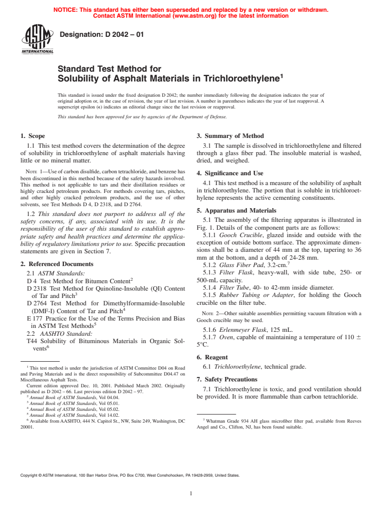 ASTM D2042-01 - Standard Test Method for Solubility of Asphalt Materials in Trichloroethylene