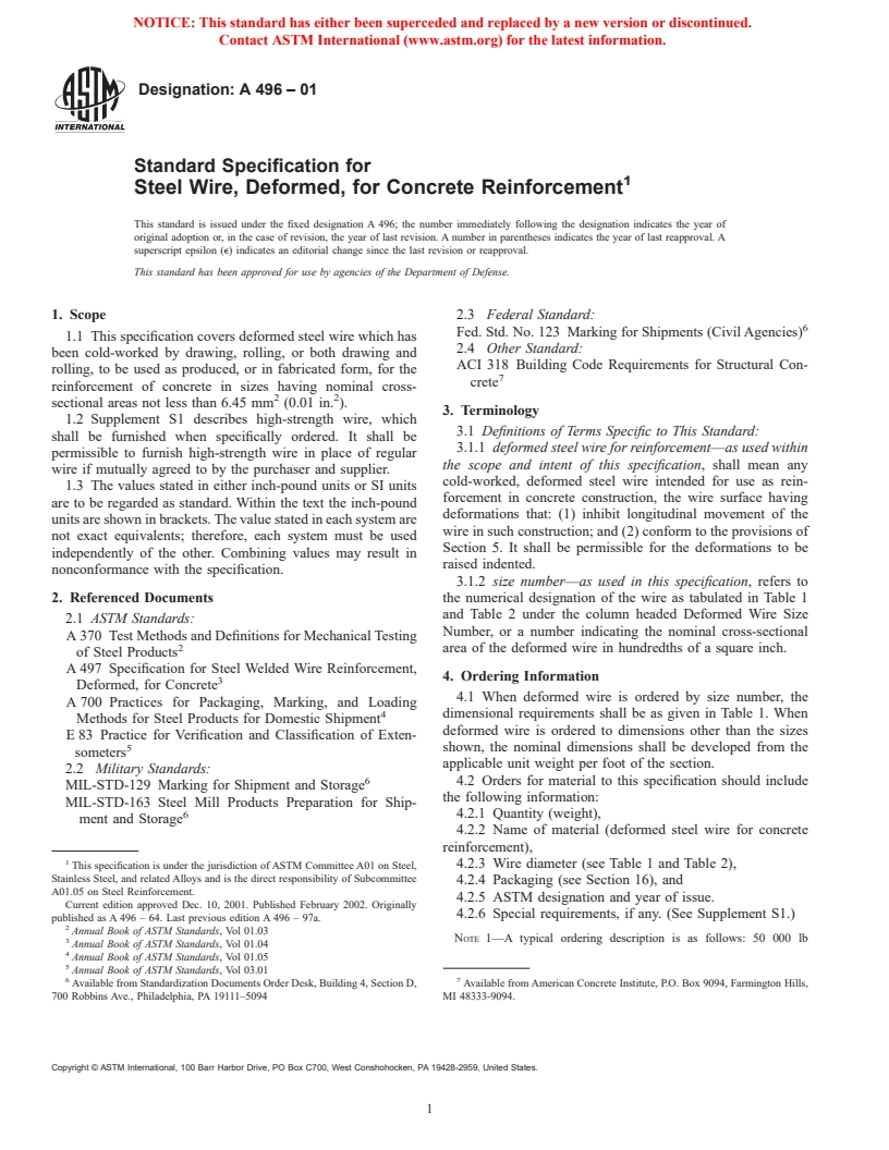 ASTM A496-01 - Standard Specification for Steel Wire, Deformed, for Concrete Reinforcement