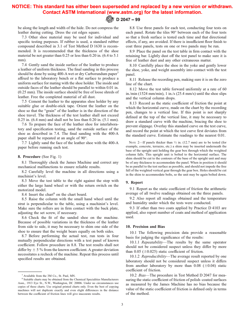 ASTM D2047-99 - Standard Test Method for Static Coefficient of Friction of Polish-Coated Floor Surfaces as Measured by the James Machine