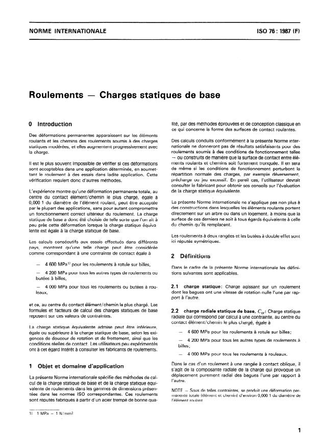 ISO 76:1987 - Roulements -- Charges statiques de base