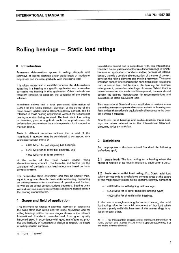 ISO 76:1987 - Rolling bearings -- Static load ratings