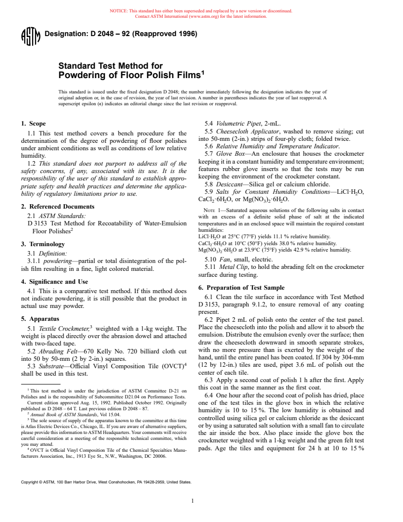 ASTM D2048-92(1996) - Standard Test Method for Powdering of Floor Polish Films