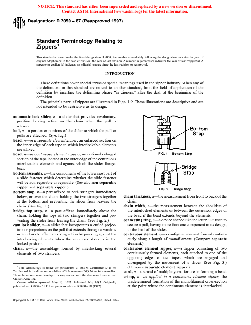 ASTM D2050-87(1997) - Standard Terminology Relating to Zippers