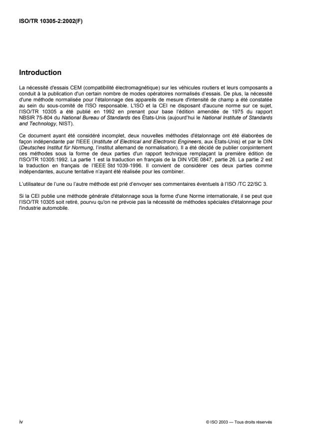 ISO/TR 10305-2:2003 ISO/TR 10305-2:2003 - Vehicules routiers -- Étalonnage des appareils de mesure de l'intensité d'un champ électromagnétique - Page 4 preview