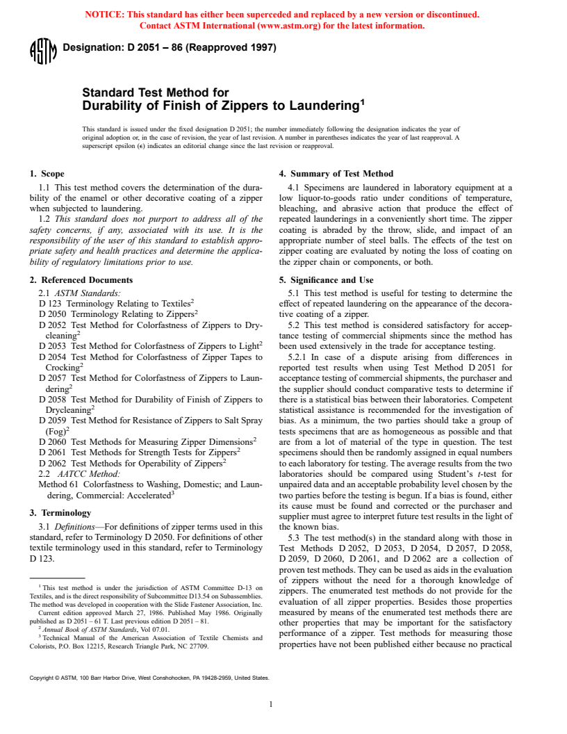 ASTM D2051-86(1997) - Standard Test Method for Durability of Finish of Zippers to Laundering