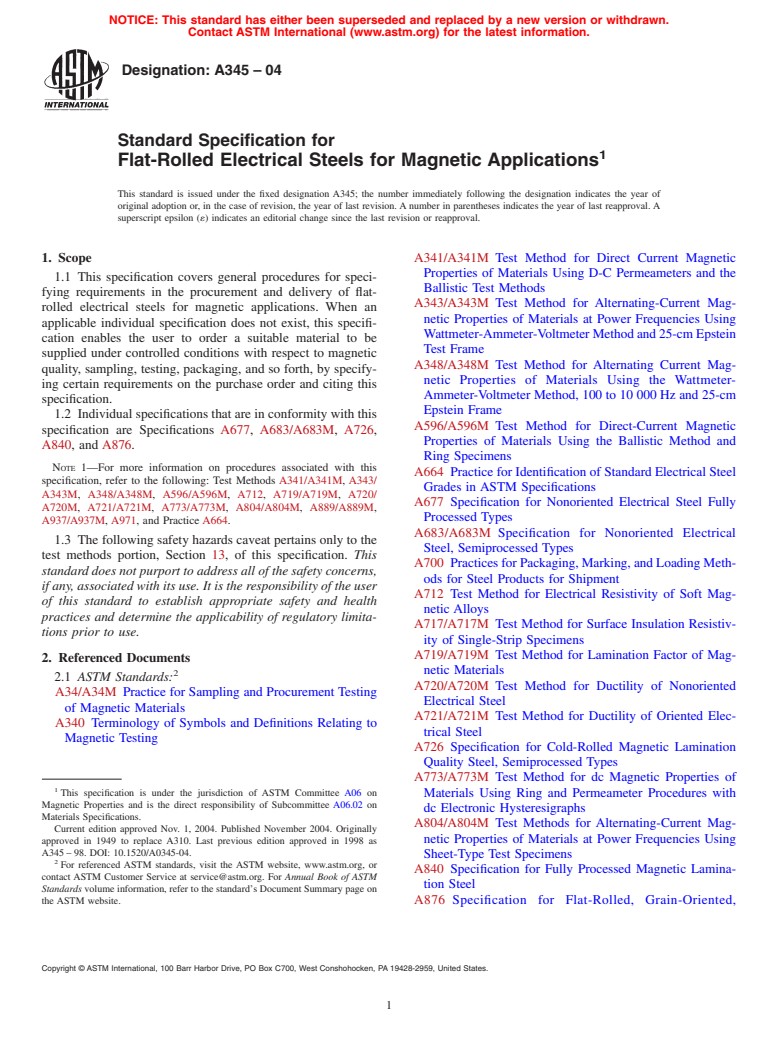 ASTM A345-04 - Standard Specification for Flat-Rolled Electrical Steels for Magnetic Applications