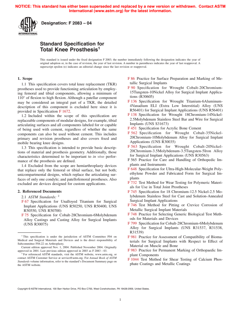 ASTM F2083-04 - Standard Specification for Total Knee Prosthesis