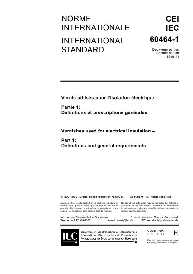IEC 60464-1:1998 - Varnishes used for electrical insulation - Part 1: Definitions and general requirements