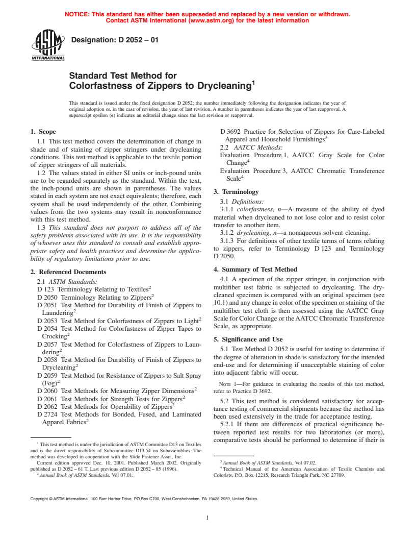 ASTM D2052-01 - Standard Test Method for Colorfastness of Zippers to Drycleaning