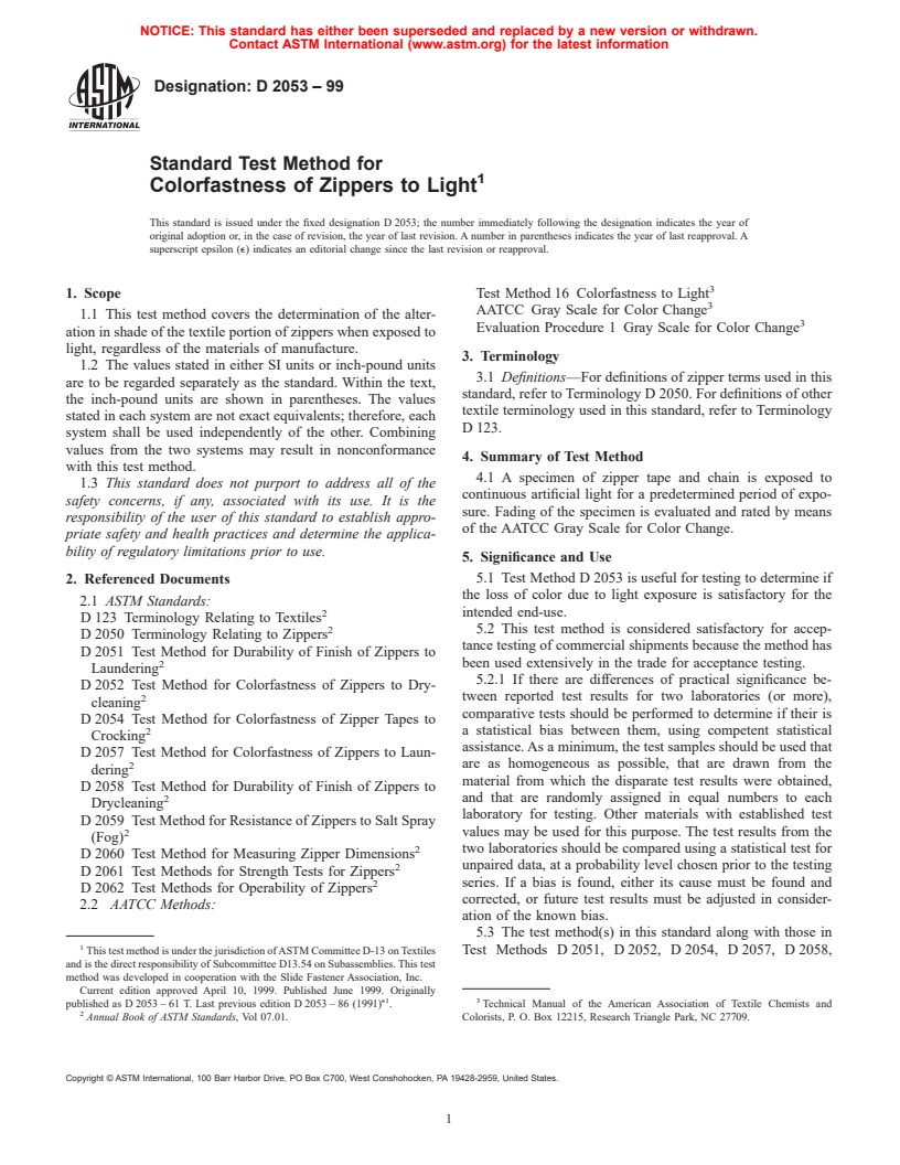 ASTM D2053-99 - Standard Test Method for Colorfastness of Zippers to Light