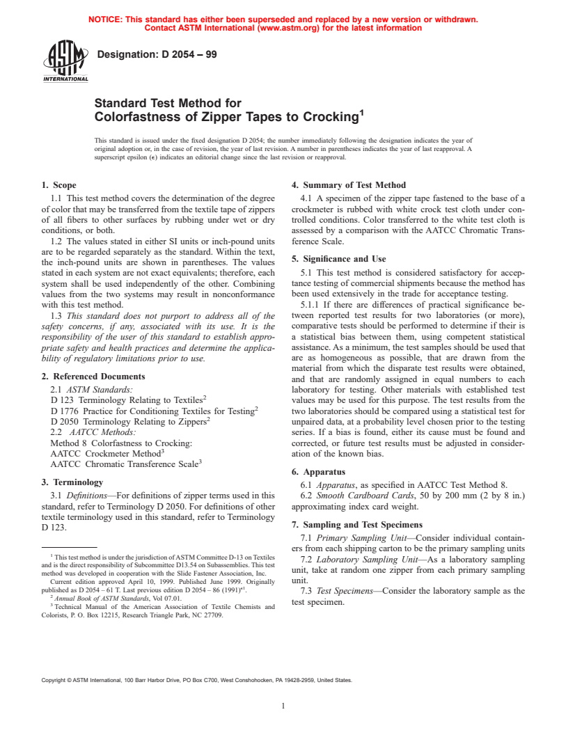 ASTM D2054-99 - Standard Test Method for Colorfastness of Zipper Tapes to Crocking