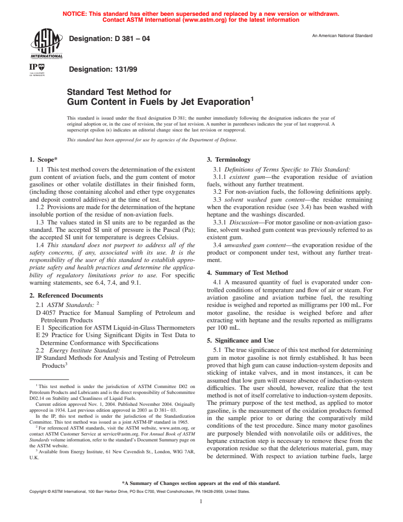 ASTM D381-04 - Standard Test Method for Gum Content in Fuels by Jet Evaporation