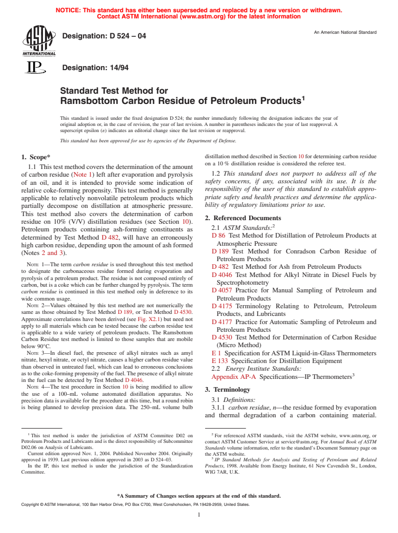 ASTM D524-04 - Standard Test Method for Ramsbottom Carbon Residue of Petroleum Products