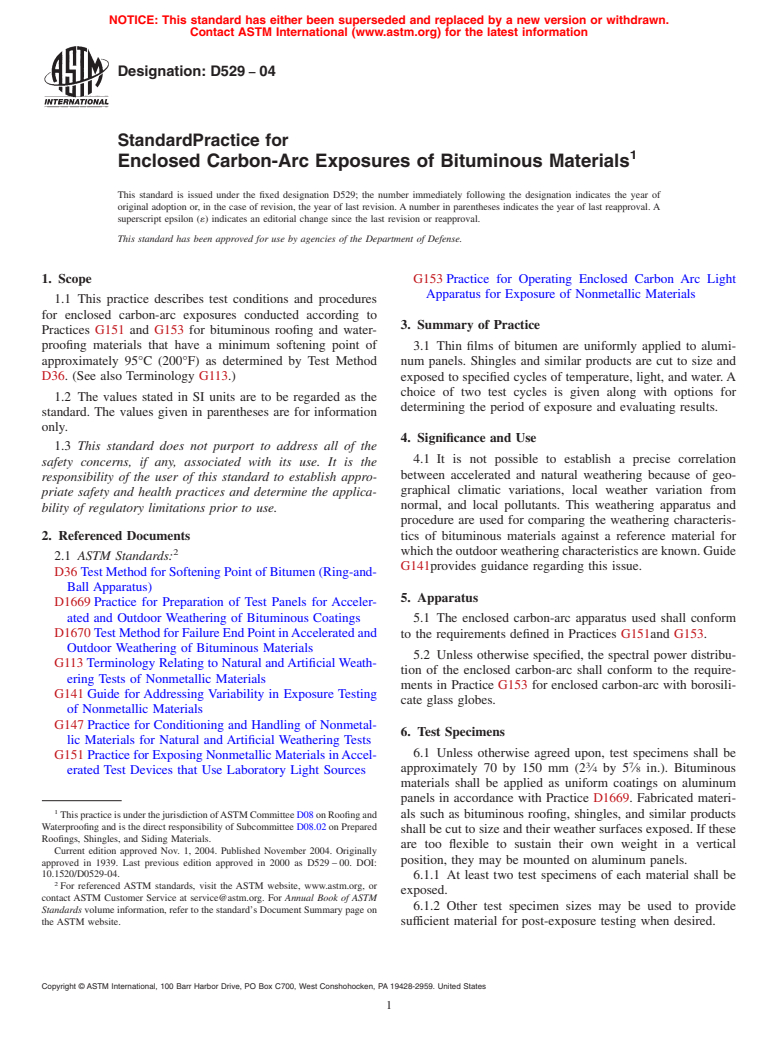 ASTM D529-04 - Standard Practice for Enclosed Carbon-Arc Exposures of Bituminous Materials (Withdrawn 2013)