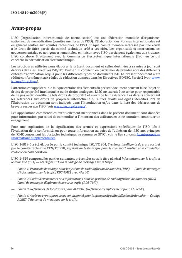 ISO 14819-6:2006 ISO 14819-6:2006 - Informations sur le trafic et le tourisme (TTI) -- Messages TTI via le codage de messages sur le trafic - Page 4 preview