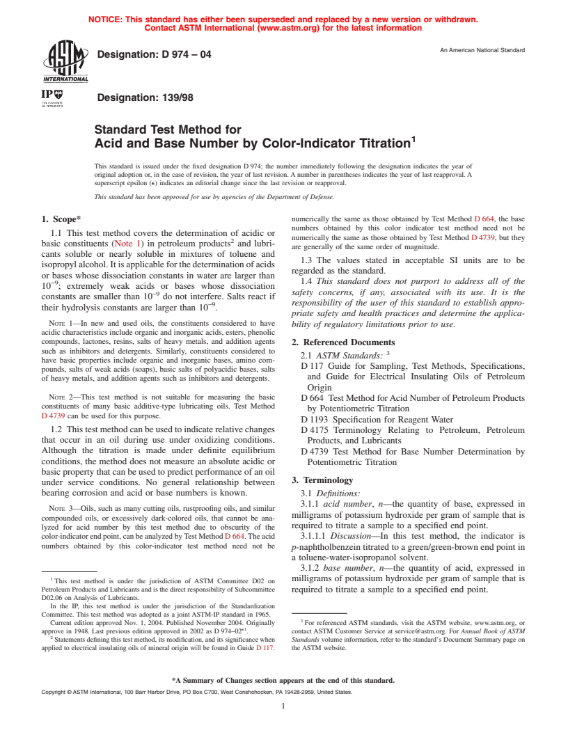 ASTM D974-04 - Standard Test Method for Acid and Base Number by Color-Indicator Titration