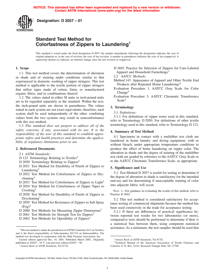 ASTM D2057-01 - Standard Test Method for Colorfastness of Zippers to Laundering