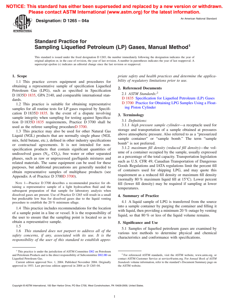 ASTM D1265-04a - Standard Practice for Sampling Liquefied Petroleum (LP) Gases (Manual Method)