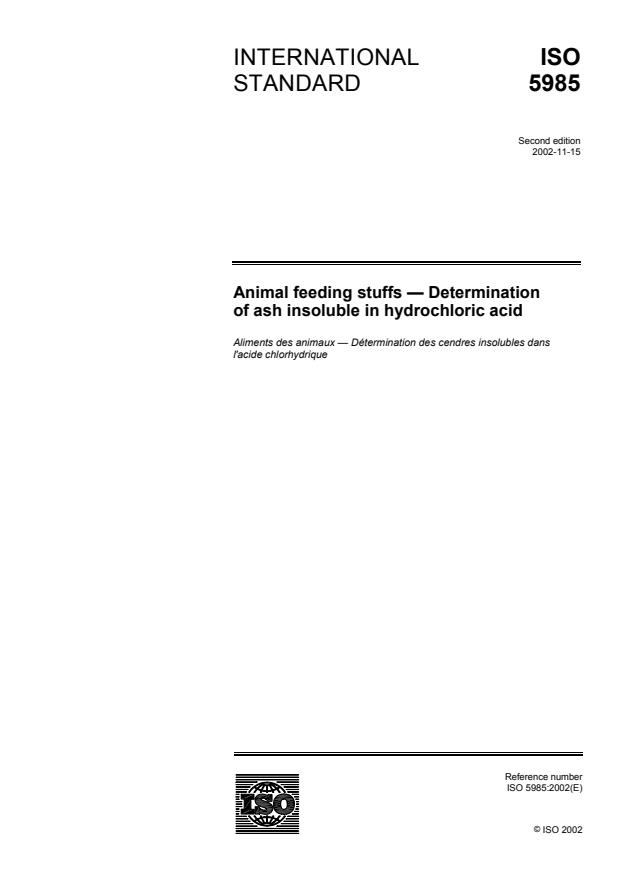 ISO 5985:2002 - Animal feeding stuffs -- Determination of ash insoluble in hydrochloric acid