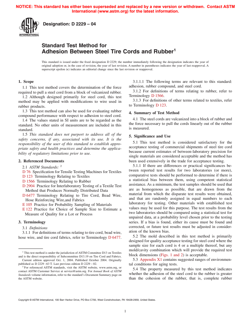 ASTM D2229-04 - Standard Test Method for Adhesion Between Steel Tire Cords and Rubber