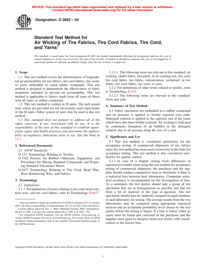 ASTM D2692-04 - Standard Test Method for Air Wicking of Tire Fabrics, Tire Cord Fabrics, Tire Cord, and Yarns