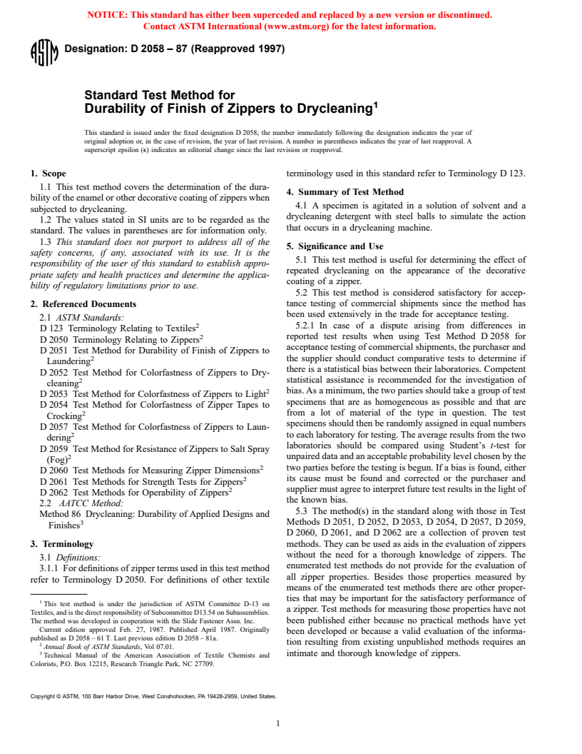 ASTM D2058-87(1997) - Standard Test Method for Durability of Finish of Zippers to Drycleaning