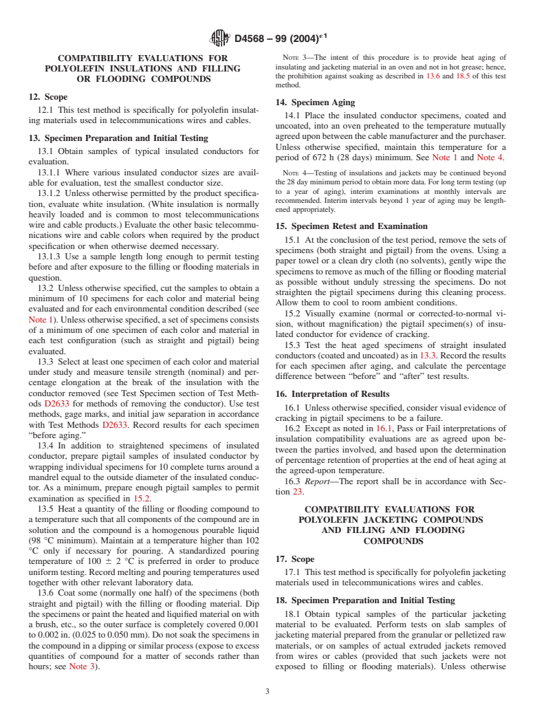 ASTM D4568-99(2004)e1 - Standard Test Methods for Evaluating Compatibility Between Cable Filling and Flooding Compounds And Polyolefin Wire and Cable Materials