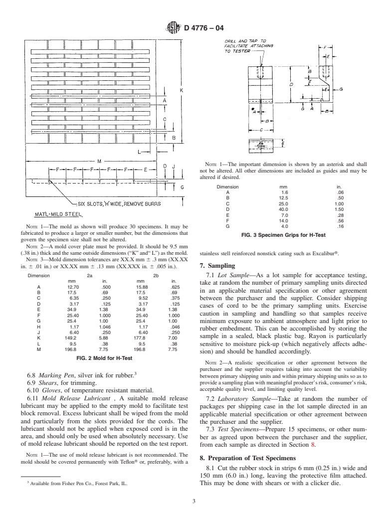 ASTM D4776-04 - Standard Test Method for Adhesion of Tire Cords and Other Reinforcing Cords to Rubber Compounds by H-Test Procedure