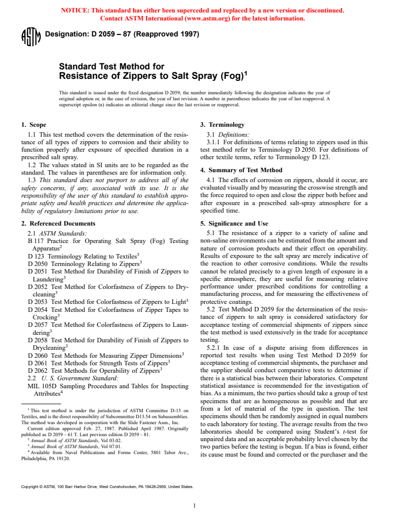 ASTM D2059-87(1997) - Standard Test Method for Resistance of Zippers to Salt Spray (Fog)