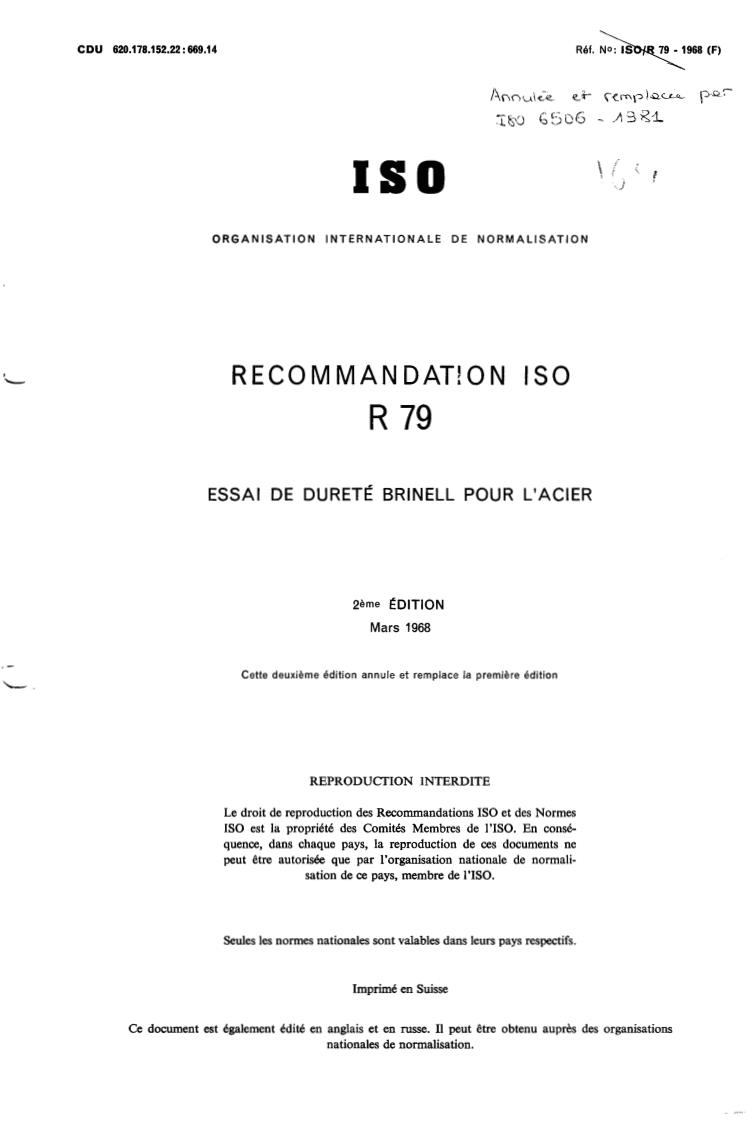 ISO/R 79:1968 - Brinell hardness test for steel
Released:3/1/1968