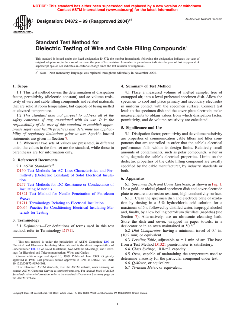 ASTM D4872-99(2004)e1 - Standard Test Method for Dielectric Testing of Wire and Cable Filling Compounds