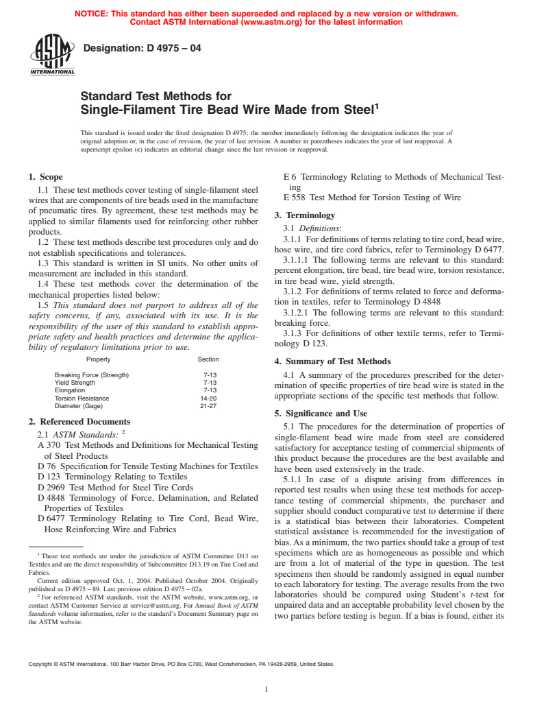 ASTM D4975-04 - Standard Test Methods for Single-Filament Tire Bead Wire Made from Steel