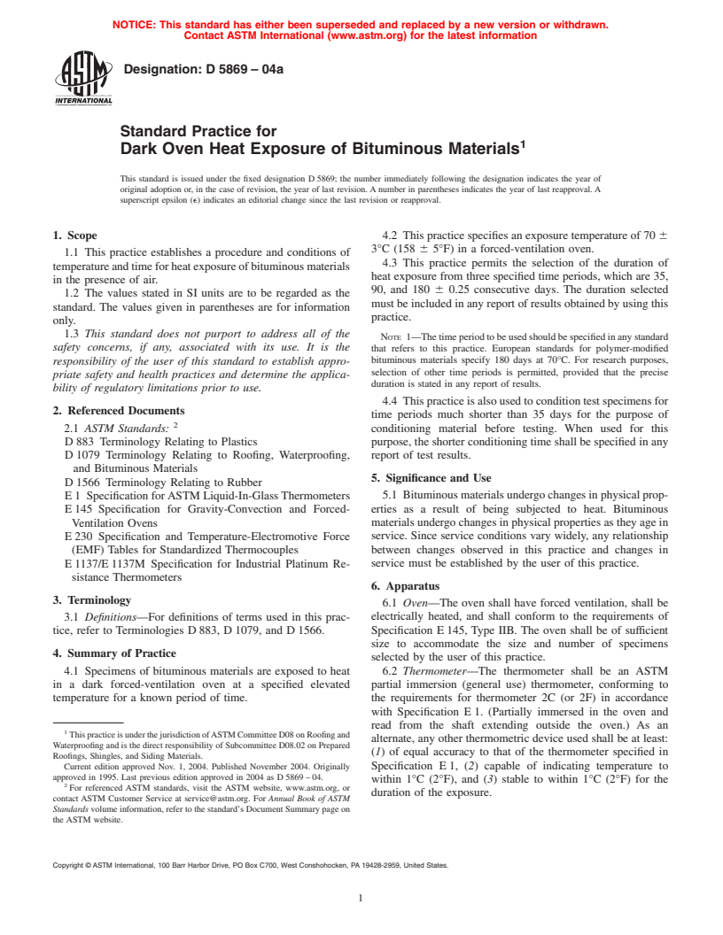 ASTM D5869-04a - Standard Practice for Dark Oven Heat Exposure of Bituminous Materials