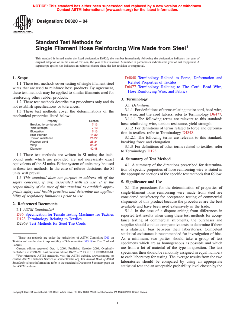 ASTM D6320-04 - Standard Test Methods for Single Filament Hose Reinforcing Wire Made from Steel