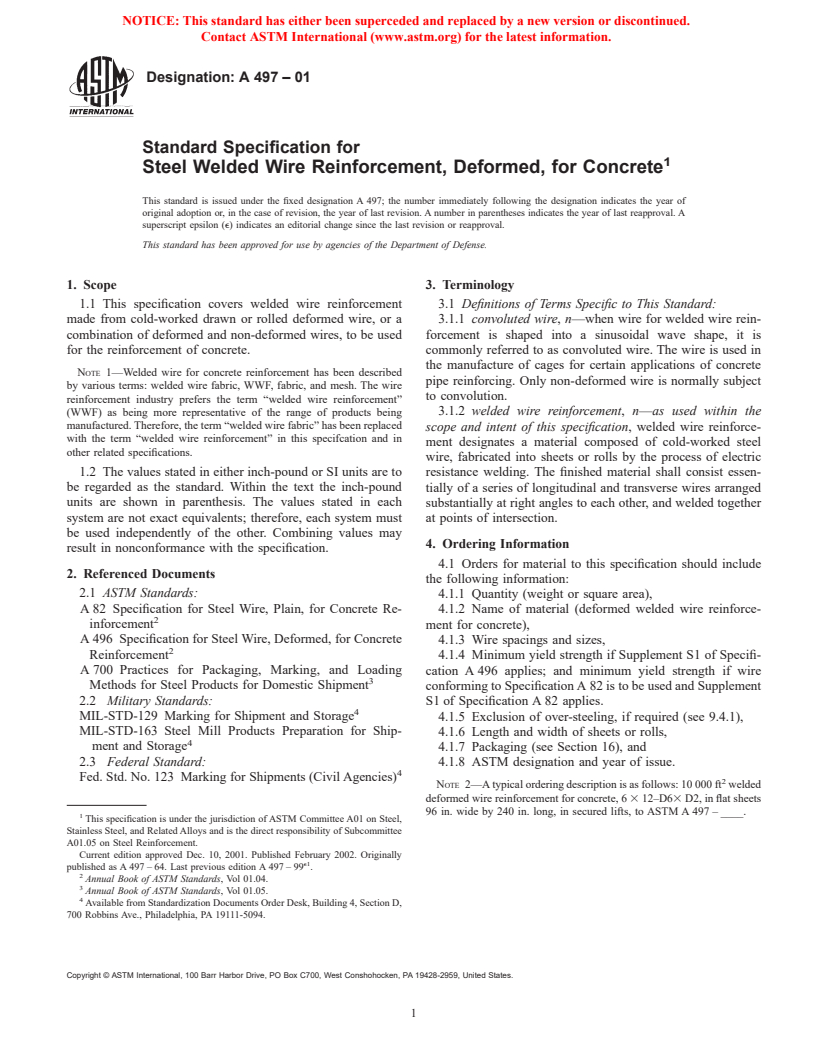 ASTM A497-01 - Standard Specification for Steel Welded Wire Reinforcement, Deformed, for Concrete