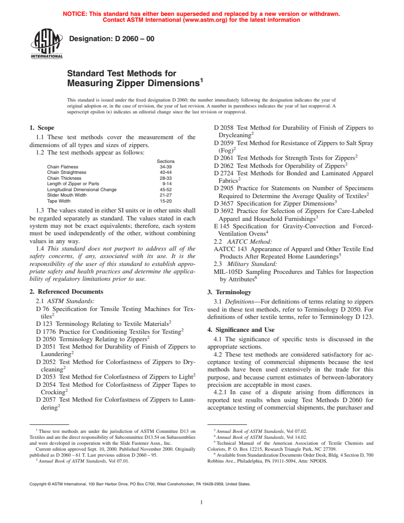 ASTM D2060-00 - Standard Test Methods for Measuring Zipper Dimensions