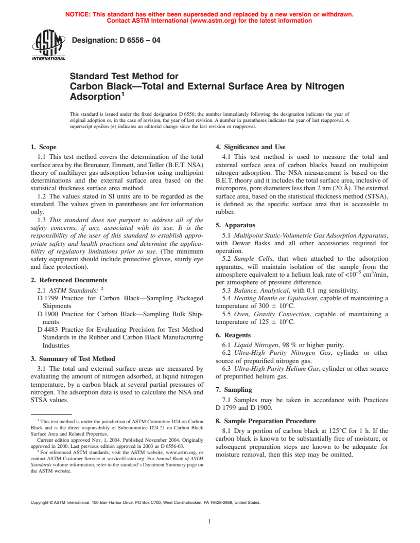 ASTM D6556-04 - Standard Test Method for Carbon Black-Total and External Surface Area by Nitrogen Adsorption