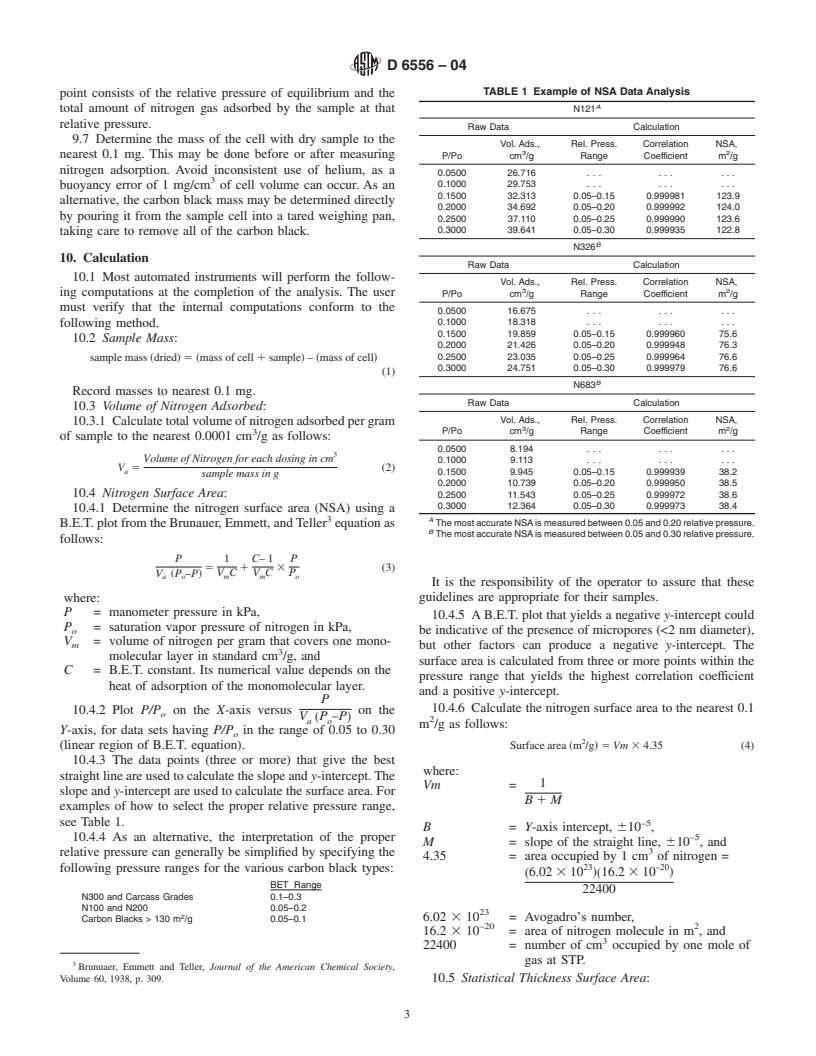 ASTM D6556-04 - Standard Test Method for Carbon Black-Total and External Surface Area by Nitrogen Adsorption