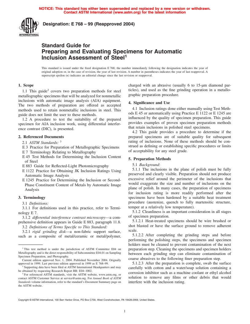 ASTM E768-99(2004) - Standard Guide for Preparing and Evaluating Specimens for Automatic Inclusion Assessment of Steel