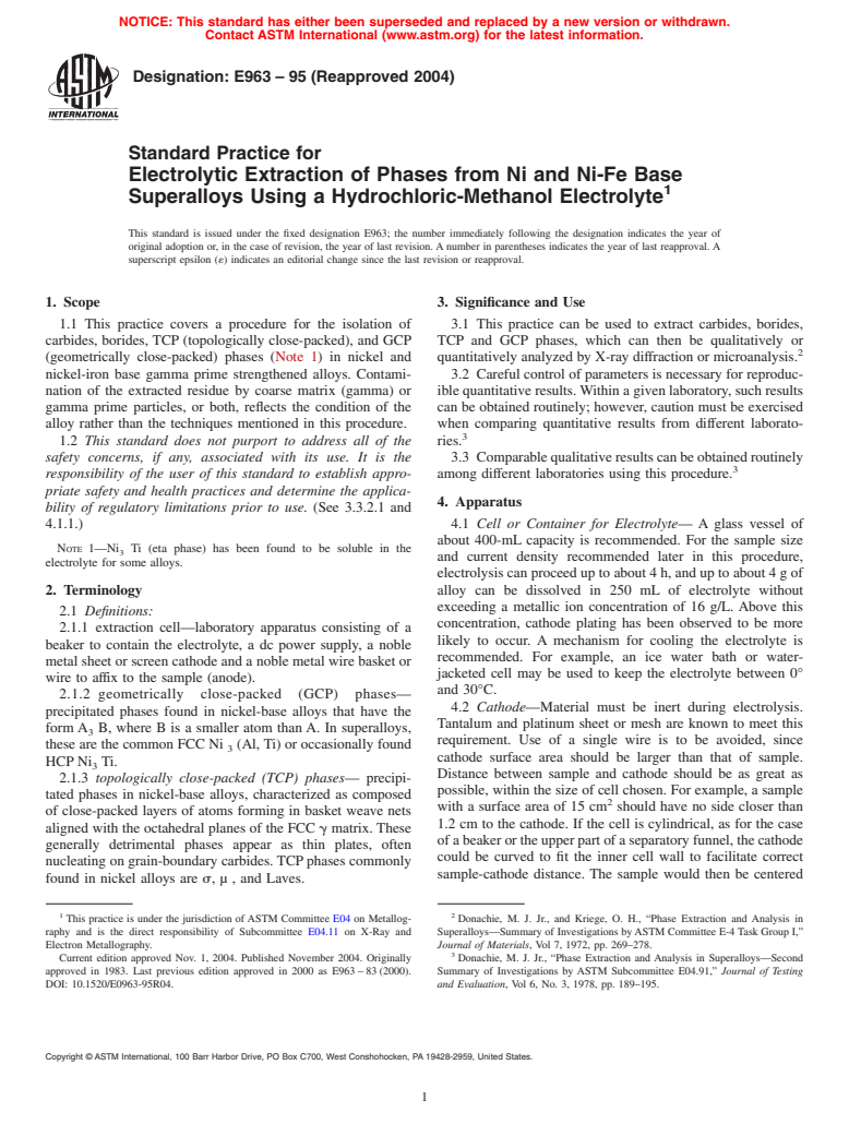 ASTM E963-95(2004) - Standard Practice for Electrolytic Extraction of Phases from Ni and Ni-Fe Base Superalloys Using a Hydrochloric-Methanol Electrolyte