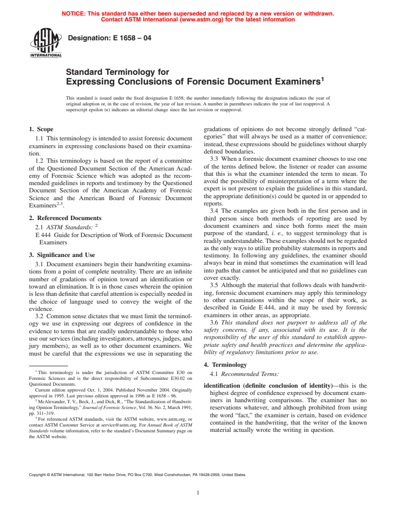 ASTM E1658-04 - Standard Terminology for Expressing Conclusions of Forensic Document Examiners