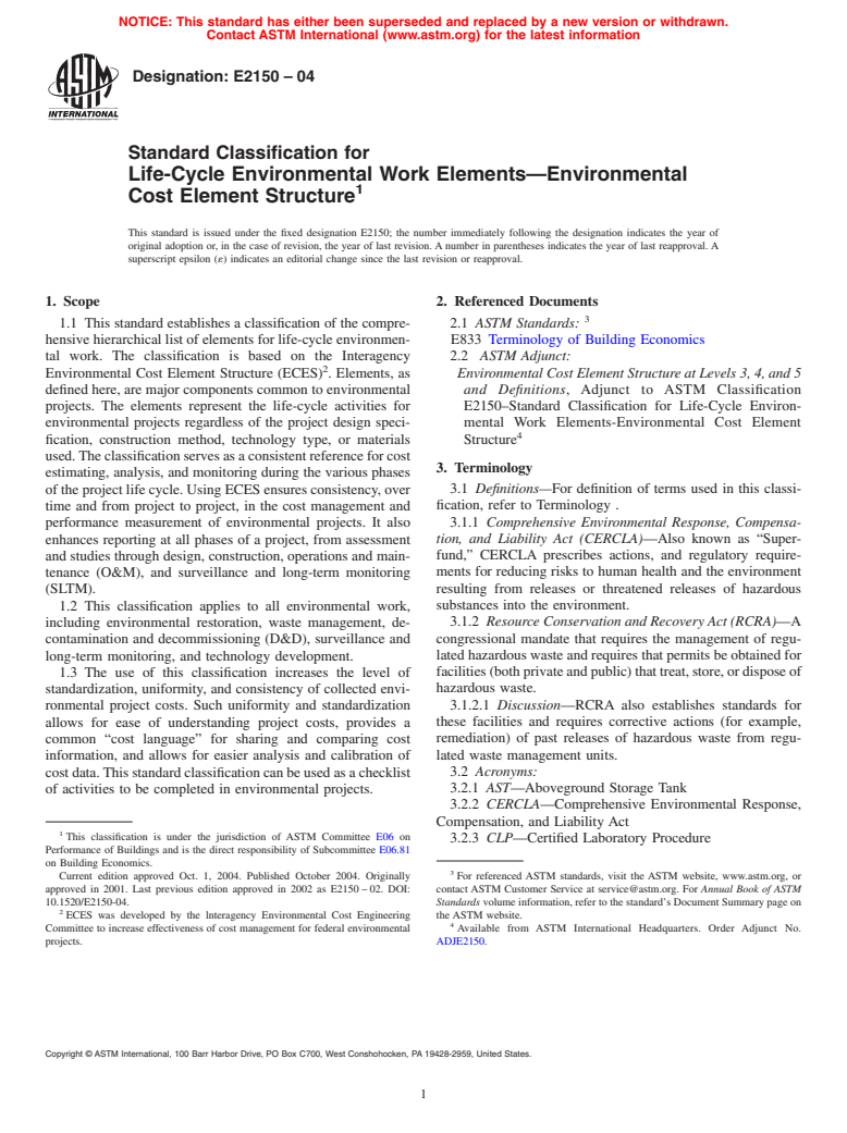 ASTM E2150-04 - Standard Classification for Life-Cycle Environmental Work Elements&#8212;Environmental Cost Element Structure