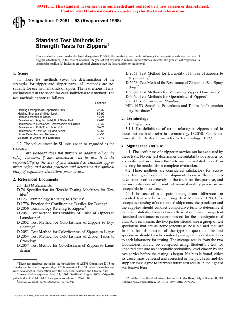 ASTM D2061-93(1998) - Standard Test Methods for Strength Tests for Zippers