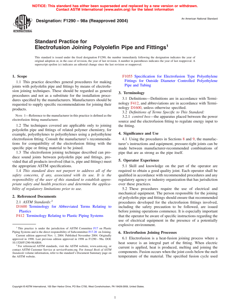 ASTM F1290-98a(2004) - Standard Practice for Electrofusion Joining Polyolefin Pipe and Fittings