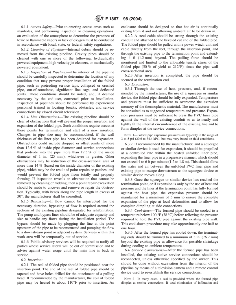 ASTM F1867-98(2004) - Standard Practice for Installation of Folded/Formed Poly (Vinyl Chloride) (PVC) Pipe Type A for Existing Sewer and Conduit Rehabilitation