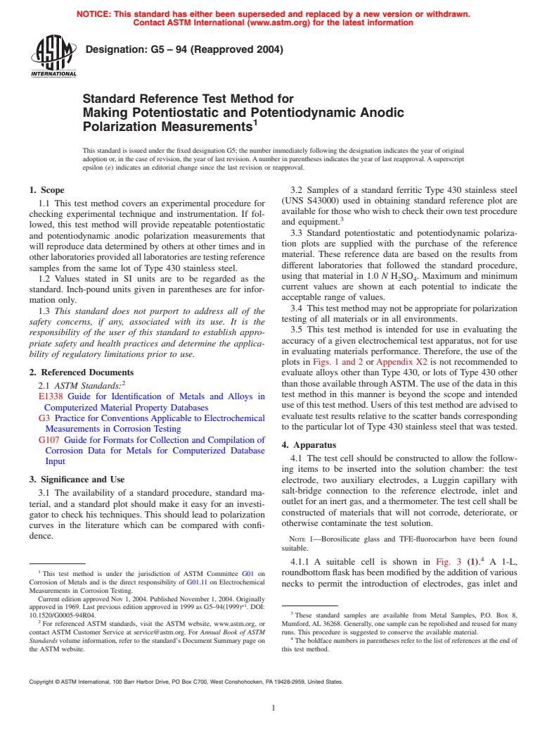 ASTM G5-94(2004) - Standard Reference Test Method for Making Potentiostatic and Potentiodynamic Anodic Polarization Measurements