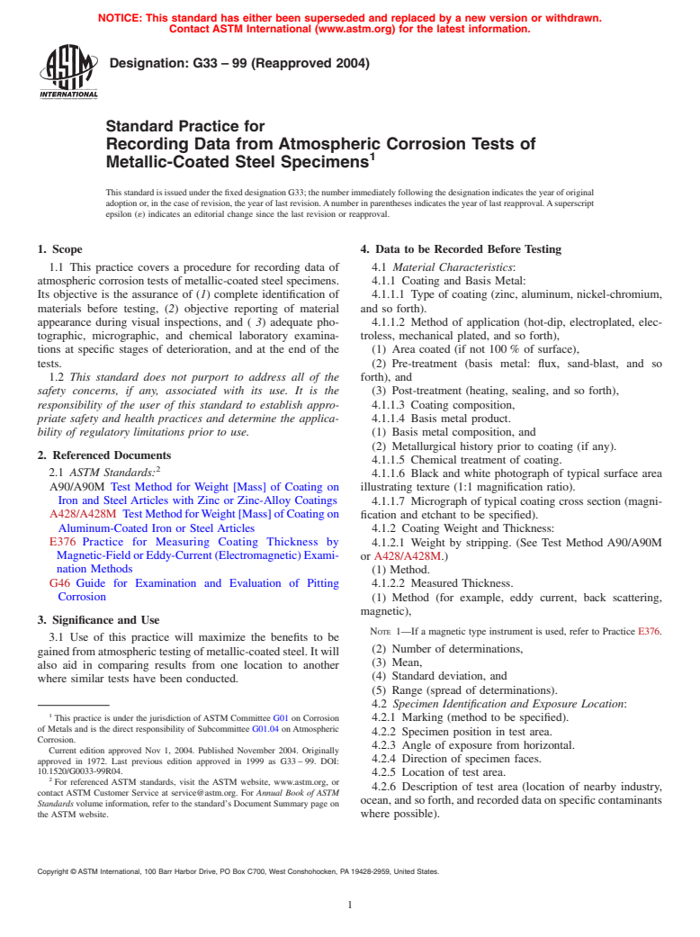 ASTM G33-99(2004) - Standard Practice for Recording Data from Atmospheric Corrosion Tests of Metallic-Coated Steel Specimens