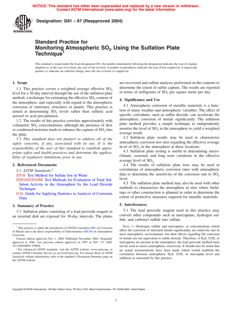 ASTM G91-97(2004) - Standard Practice for Monitoring Atmospheric SO<inf>2</inf> Using the Sulfation Plate Technique