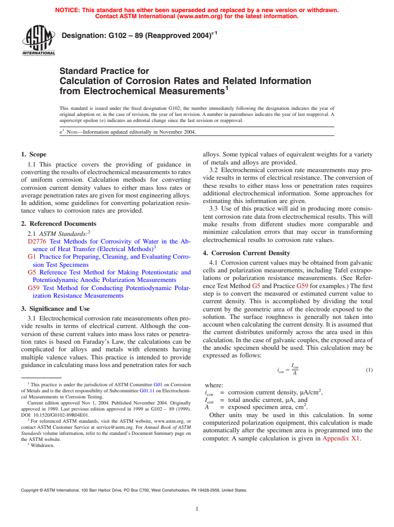 ASTM G102-89(2004)e1 - Standard Practice for Calculation of Corrosion Rates and Related Information from Electrochemical Measurements