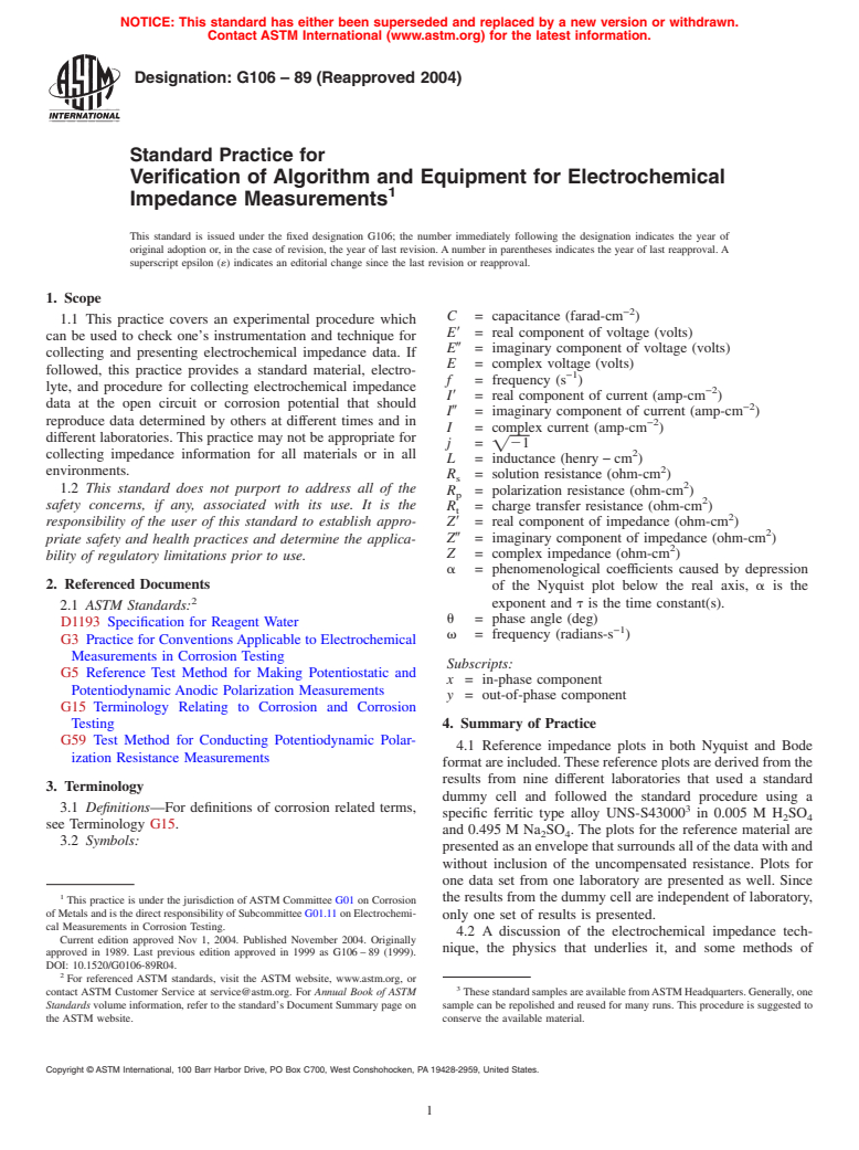 ASTM G106-89(2004) - Standard Practice for Verification of Algorithm and Equipment for Electrochemical Impedance Measurements